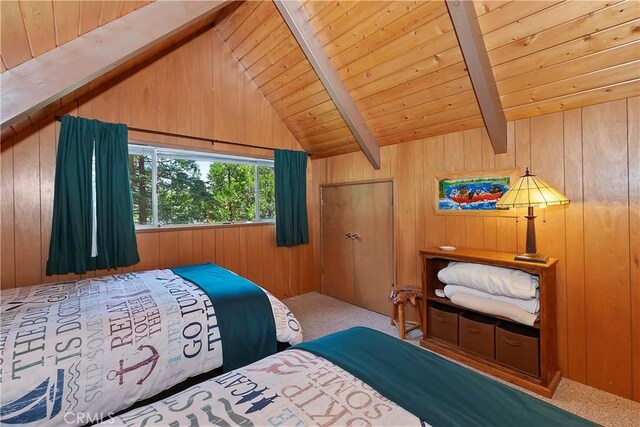 535 Pioneer Rd, Lake Arrowhead, CA 92352 - bedroom featuring wooden ceiling, carpet flooring, and wood walls