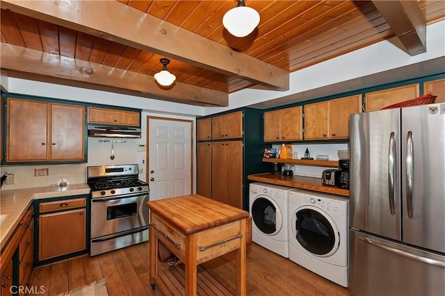 535 Pioneer Rd, Lake Arrowhead, CA 92352 - kitchen with appliances with stainless steel finishes, separate washer and dryer, a wooden ceiling with exposed beams, under cabinet range hood, and wood finished floors