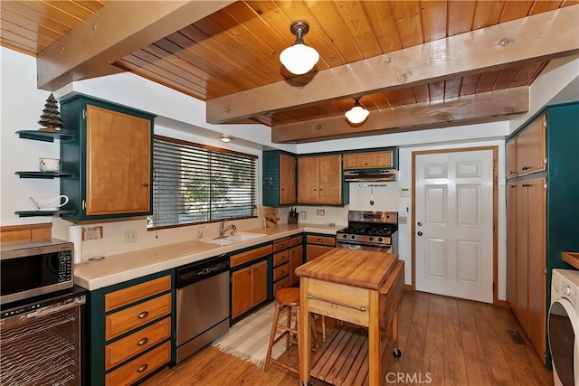 535 Pioneer Rd, Lake Arrowhead, CA 92352 - kitchen with stainless steel appliances, a wooden ceiling with exposed beams, under cabinet range hood, open shelves, and beverage cooler