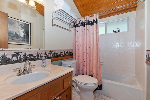 535 Pioneer Rd, Lake Arrowhead, CA 92352 - full bath with vanity, vaulted ceiling, shower / bathtub combination with curtain, wooden ceiling, and tile patterned floors