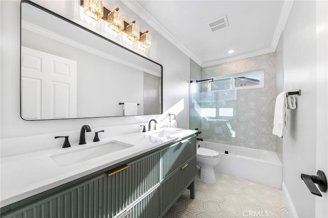 8093 Banyan St, Rancho Cucamonga, CA 91701 - full bath with toilet, ornamental molding, double vanity, and bathtub / shower combination