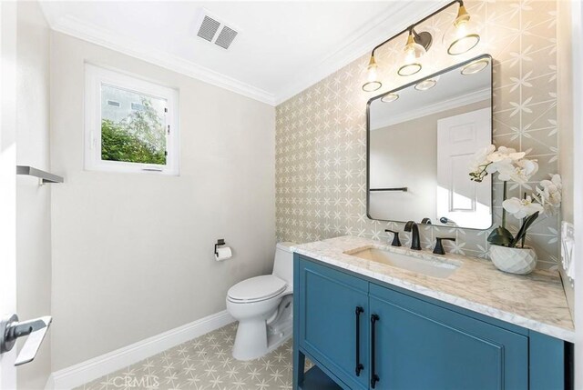 8093 Banyan St, Rancho Cucamonga, CA 91701 - half bath featuring tile patterned floors, vanity, toilet, ornamental molding, and baseboards