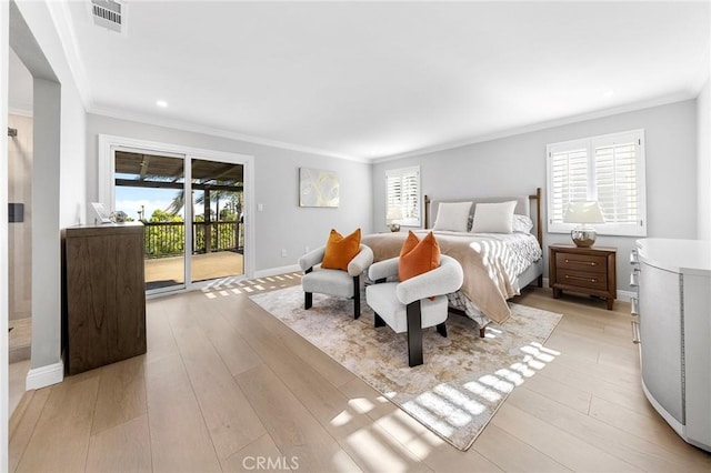 8093 Banyan St, Rancho Cucamonga, CA 91701 - bedroom with access to outside, crown molding, light wood-style floors, baseboards, and recessed lighting