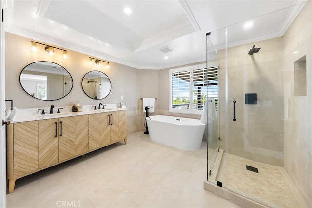 8093 Banyan St, Rancho Cucamonga, CA 91701 - bathroom with double vanity, a stall shower, a soaking tub, ornamental molding, and recessed lighting