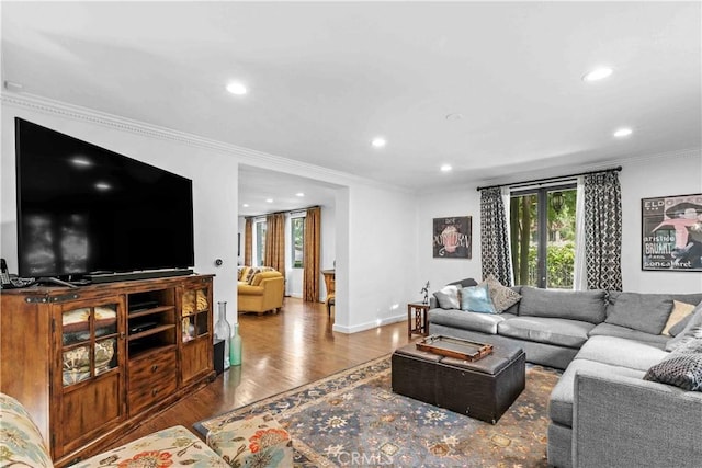 3101 San Gabriel Ave, Glendale, CA 91208 - living area featuring healthy amount of natural light, recessed lighting, wood finished floors, crown molding, and baseboards
