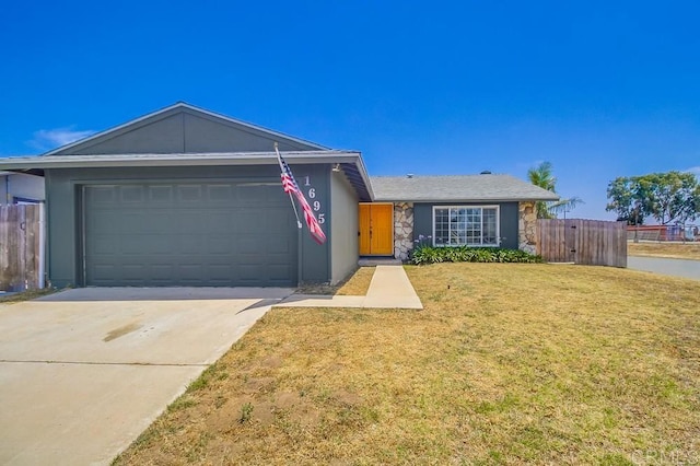 1695 Bubbling Well Dr, San Diego, CA 92154 - view of front of property featuring an attached garage, stone siding, driveway, stucco siding, and a gate