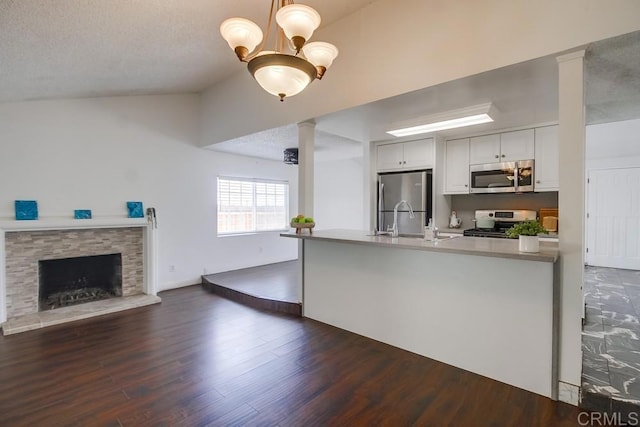 1695 Bubbling Well Dr, San Diego, CA 92154 - kitchen featuring stainless steel appliances, a peninsula, lofted ceiling, dark wood-style flooring, and a sink