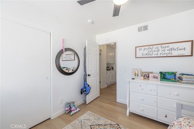 41438 Almond Ave, Palmdale, CA 93551 - bedroom with light wood-type flooring, baseboards, and a ceiling fan