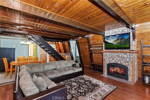 24091 Lakeview Dr, Crestline, CA 92325 - living room with a wood ceiling with exposed beams, wooden walls, stairs, hardwood / wood-style floors, and a stone fireplace