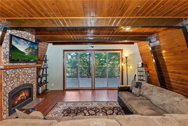 24091 Lakeview Dr, Crestline, CA 92325 - living area featuring a wood ceiling with exposed beams, wood-type flooring, wood walls, and a fireplace