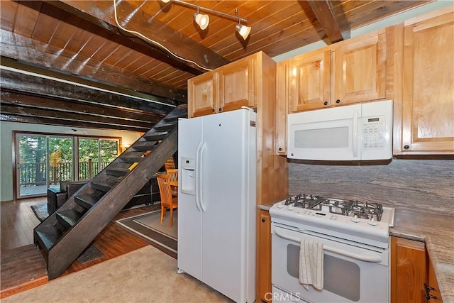 24091 Lakeview Dr, Crestline, CA 92325 - kitchen with white appliances, light wood-type flooring, wood ceiling with exposed beams, light brown cabinetry, and light countertops