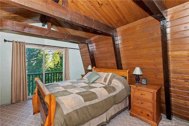 24091 Lakeview Dr, Crestline, CA 92325 - bedroom featuring wooden walls, light carpet, wood ceiling, and access to outside