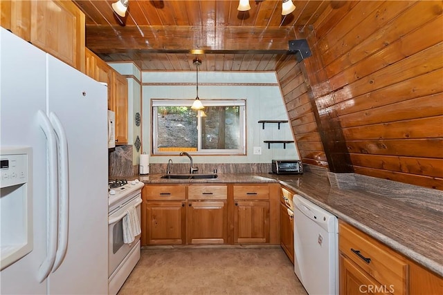 24091 Lakeview Dr, Crestline, CA 92325 - kitchen featuring white appliances, a wooden ceiling with exposed beams, brown cabinetry, pendant lighting, and wood walls