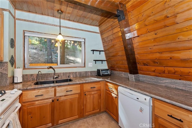 24091 Lakeview Dr, Crestline, CA 92325 - kitchen featuring dark stone counters, wood walls, wooden ceiling, pendant lighting, and refrigerator