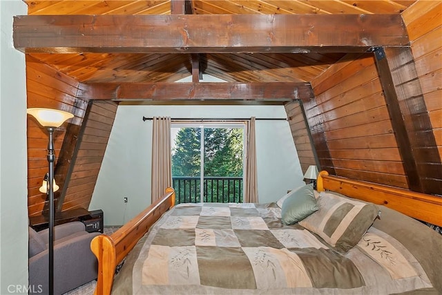 24091 Lakeview Dr, Crestline, CA 92325 - bedroom featuring wood walls, wooden ceiling, and access to outside