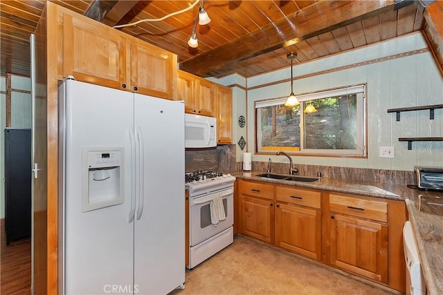 24091 Lakeview Dr, Crestline, CA 92325 - kitchen with white appliances, pendant lighting, a wood ceiling with exposed beams, and backsplash