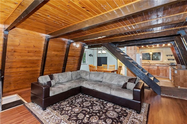 24091 Lakeview Dr, Crestline, CA 92325 - living area with a wooden ceiling with exposed beams, wood-type flooring, stairway, and wood walls