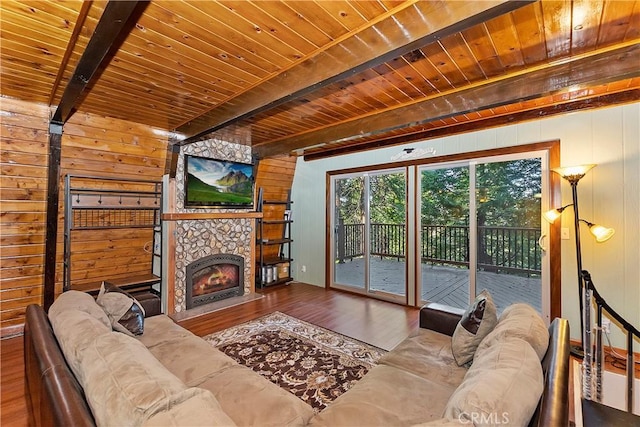 24091 Lakeview Dr, Crestline, CA 92325 - living room with a wood ceiling with exposed beams, wood finished floors, wooden walls, and a fireplace