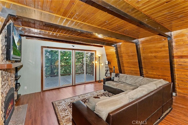 24091 Lakeview Dr, Crestline, CA 92325 - living area featuring wooden walls, a wooden ceiling with exposed beams, and wood finished floors