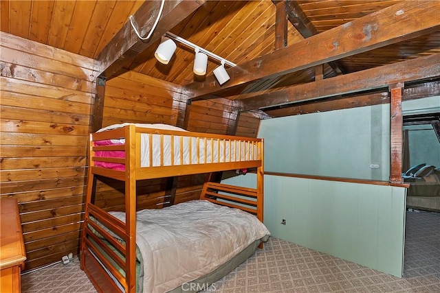 24091 Lakeview Dr, Crestline, CA 92325 - bedroom featuring wooden walls, wood ceiling, and carpet flooring