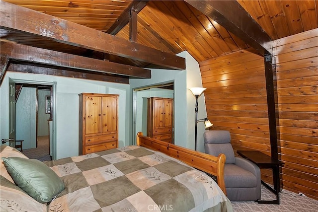 24091 Lakeview Dr, Crestline, CA 92325 - carpeted bedroom featuring wood ceiling and wood walls