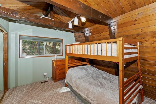24091 Lakeview Dr, Crestline, CA 92325 - bedroom featuring wooden walls, carpet floors, and wood ceiling