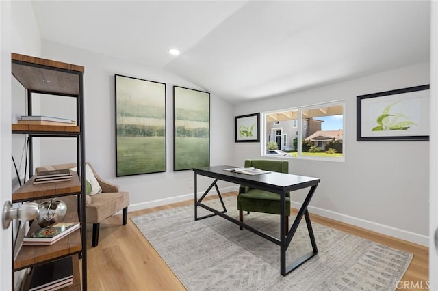 14752 Donegal Dr, Garden Grove, CA 92844 - office area featuring vaulted ceiling, wood finished floors, and baseboards