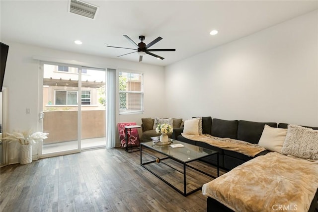 7679 Sunflower Dr, Pico Rivera, CA 90660 - living room featuring ceiling fan, wood-type flooring, and recessed lighting