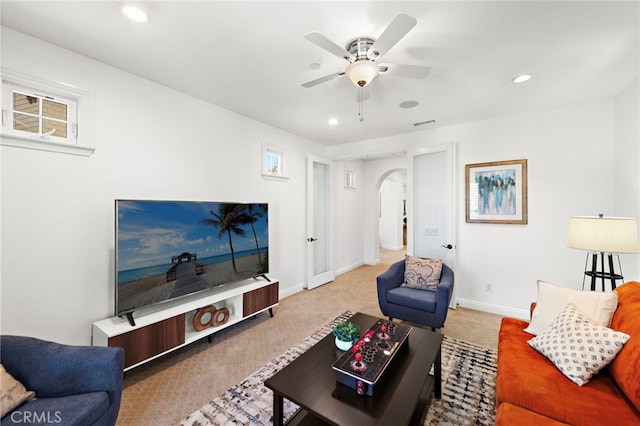 4 Dennis Ln, Ladera Ranch, CA 92694 - carpeted living room with arched walkways, ceiling fan, recessed lighting, and baseboards