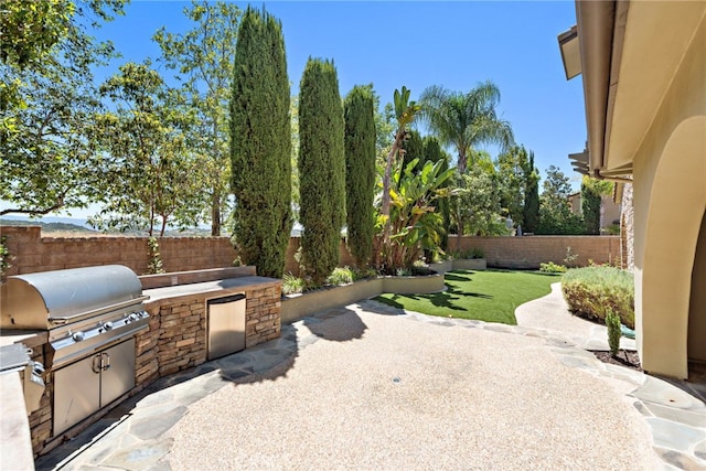 4 Dennis Ln, Ladera Ranch, CA 92694 - fenced backyard featuring an outdoor kitchen and a patio