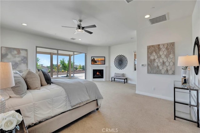 13691 Cobalt Ct, Rancho Cucamonga, CA 91739 - carpeted bedroom with access to exterior, baseboards, a warm lit fireplace, recessed lighting, and ceiling fan