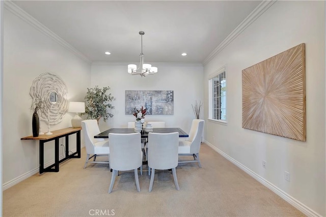 13691 Cobalt Ct, Rancho Cucamonga, CA 91739 - carpeted dining space featuring a chandelier, baseboards, ornamental molding, and recessed lighting