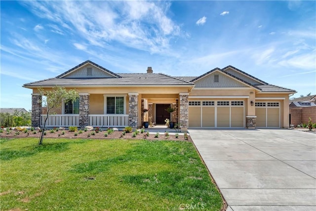 13691 Cobalt Ct, Rancho Cucamonga, CA 91739 - craftsman-style house with stone siding, concrete driveway, an attached garage, a front yard, and a porch