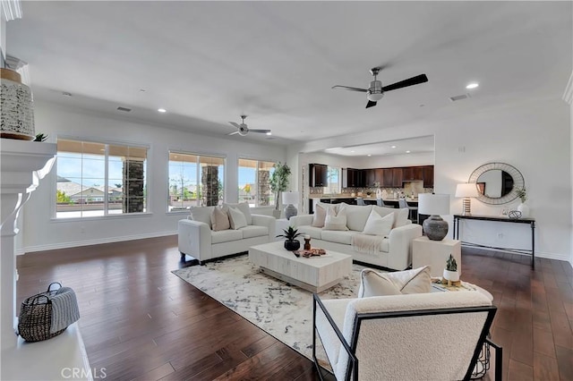 13691 Cobalt Ct, Rancho Cucamonga, CA 91739 - living area featuring ceiling fan, baseboards, dark wood-type flooring, and recessed lighting