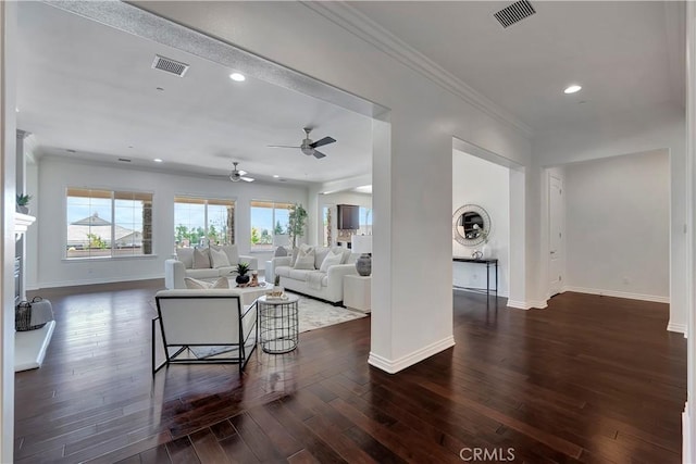 13691 Cobalt Ct, Rancho Cucamonga, CA 91739 - living room with a ceiling fan, healthy amount of natural light, baseboards, recessed lighting, and crown molding