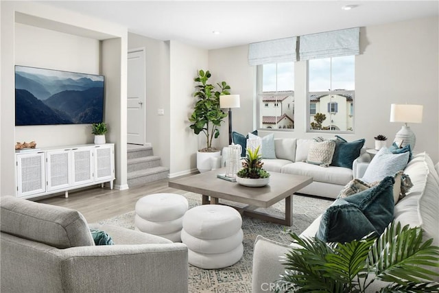 16359 Meadowhouse Ave, Chino, CA 91708 - living area with wood finished floors, stairway, baseboards, and recessed lighting