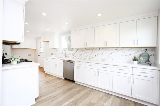 321 S Beachy Pl, Anaheim, CA 92804 - kitchen featuring dishwasher, a sink, white cabinetry, decorative backsplash, and recessed lighting