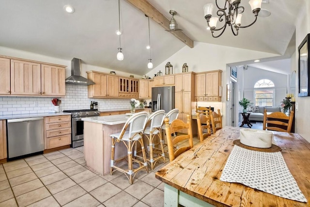 232 Hygeia Ct, Encinitas, CA 92024 - kitchen featuring stainless steel appliances, wall chimney exhaust hood, light brown cabinetry, tasteful backsplash, and light countertops
