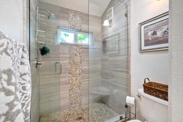 232 Hygeia Ct, Encinitas, CA 92024 - bathroom featuring toilet, a shower stall, and a textured wall