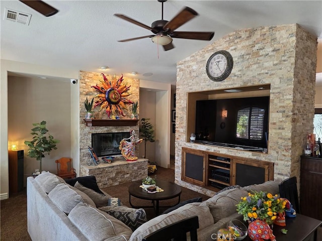 42036 Desert Sage Ave, Lancaster, CA 93536 - carpeted living area with a stone fireplace, a ceiling fan, and vaulted ceiling