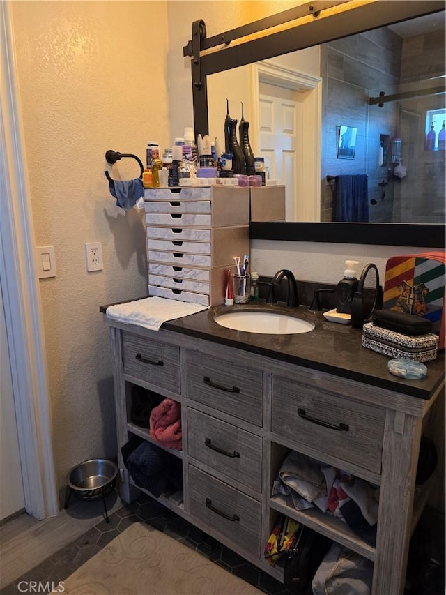 42036 Desert Sage Ave, Lancaster, CA 93536 - bathroom with vanity, a shower with shower door, and a textured wall