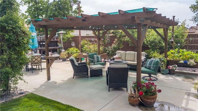 8340 Rosemary Dr, Riverside, CA 92508 - fenced backyard with an outdoor living space with a fire pit, a pergola, and a patio area