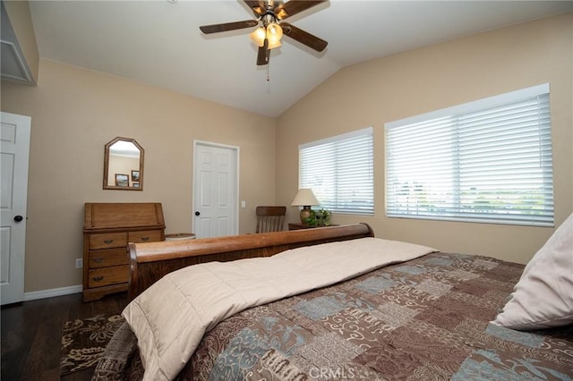 8340 Rosemary Dr, Riverside, CA 92508 - bedroom featuring dark wood-style flooring, vaulted ceiling, baseboards, and a ceiling fan