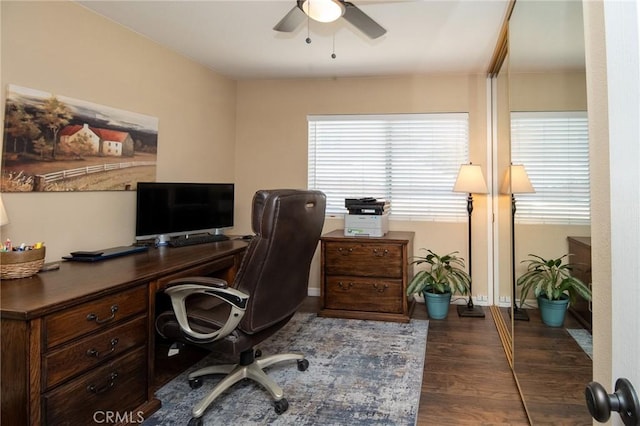 8340 Rosemary Dr, Riverside, CA 92508 - home office featuring ceiling fan, wood finished floors, and baseboards