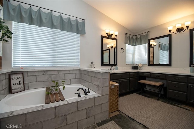 8340 Rosemary Dr, Riverside, CA 92508 - full bath with vaulted ceiling, a bath, vanity, and tile patterned floors