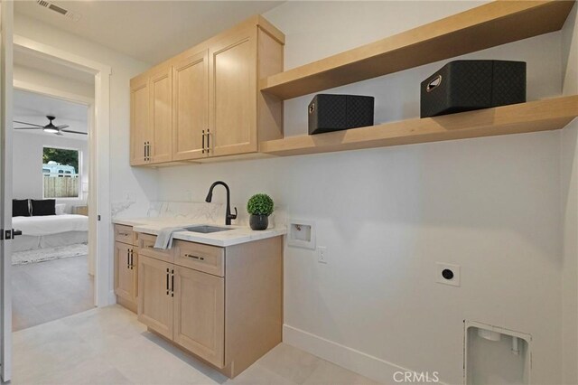 5539 Erin Way, Paradise, CA 95969 - laundry area with hookup for a washing machine, cabinet space, a ceiling fan, baseboards, and electric dryer hookup