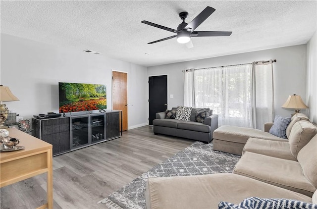 40632 Lela May Ave, Hemet, CA 92544 - living area with wood finished floors, a textured ceiling, ceiling fan, and baseboards