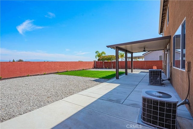 35602 Driftwood St, Winchester, CA 92596 - fenced backyard featuring central air condition unit, ceiling fan, and a patio