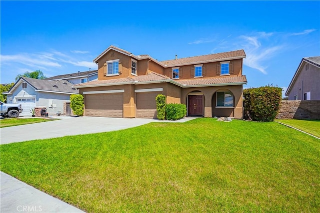 35602 Driftwood St, Winchester, CA 92596 - mediterranean / spanish house featuring a garage, concrete driveway, stucco siding, a front lawn, and a tiled roof