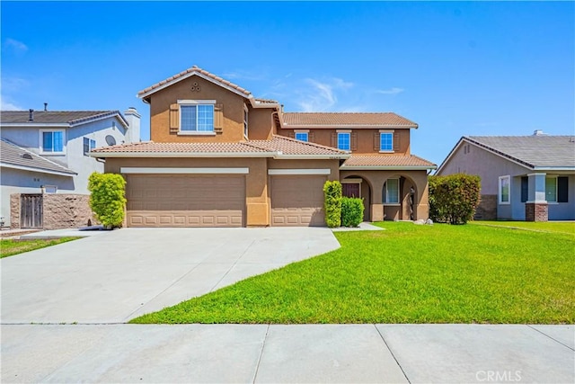 35602 Driftwood St, Winchester, CA 92596 - mediterranean / spanish-style house featuring a front yard, driveway, an attached garage, stucco siding, and a tile roof